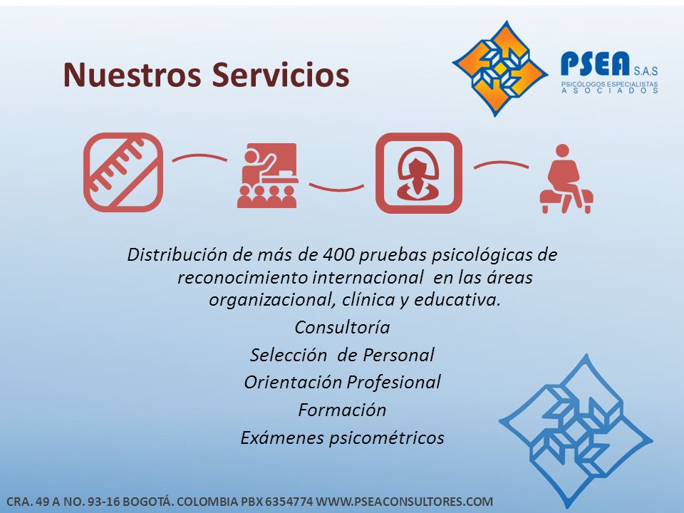 Nuestros Servicios Distribución de más de 400 pruebas psicológicas de reconocimiento internacional en las áreas organizacional, clínica y educativa.