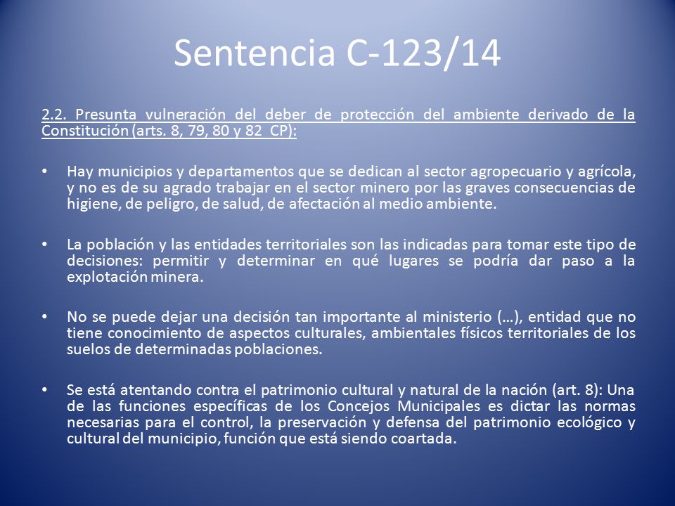 Sentencia C-123/ Presunta vulneración del deber de protección del ambiente derivado de la Constitución (arts. 8, 79, 80 y 82 CP):