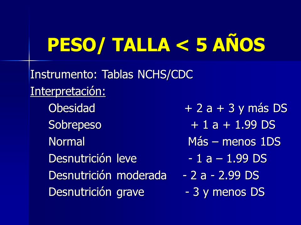 PESO/ TALLA < 5 AÑOS Instrumento: Tablas NCHS/CDC Interpretación:
