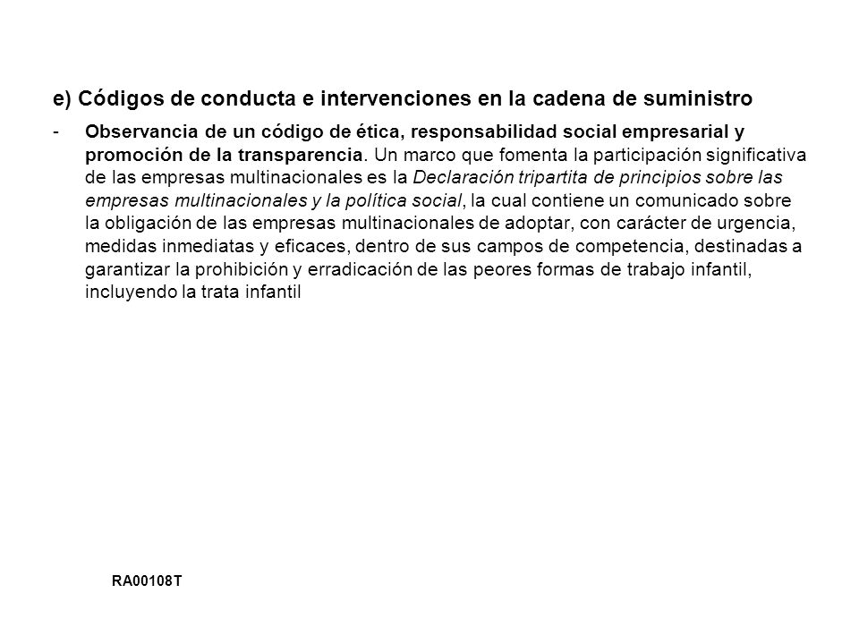 e) Códigos de conducta e intervenciones en la cadena de suministro