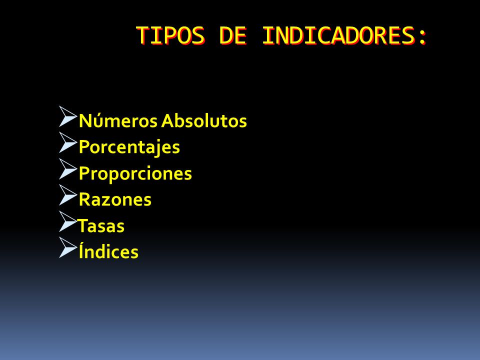 TIPOS DE INDICADORES: Números Absolutos Porcentajes Proporciones