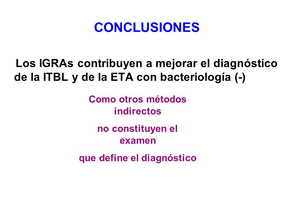 CONCLUSIONES Los IGRAs contribuyen a mejorar el diagnóstico de la ITBL y de la ETA con bacteriología (-)