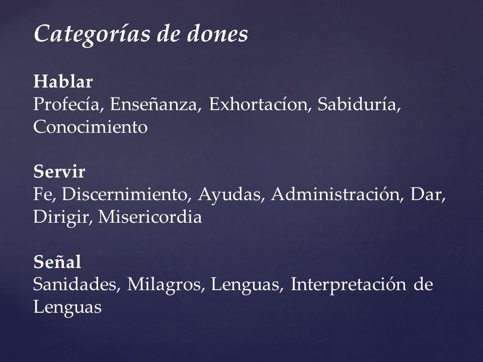 Categorías de dones Hablar Profecía, Enseñanza, Exhortacíon, Sabiduría, Conocimiento.