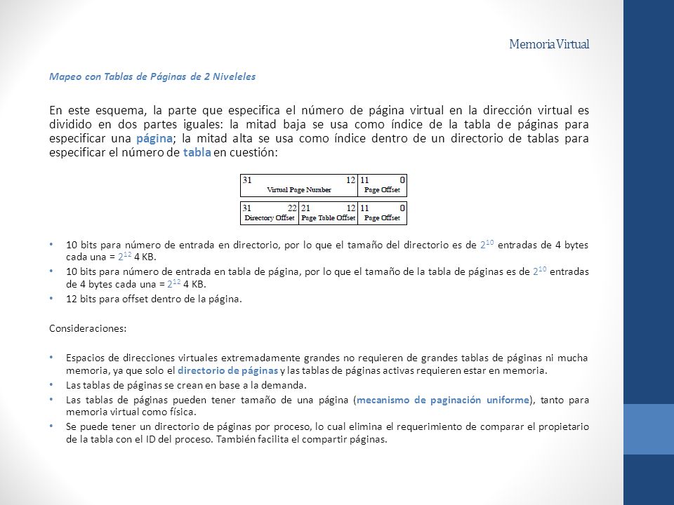 Memoria Virtual Mapeo con Tablas de Páginas de 2 Niveleles.