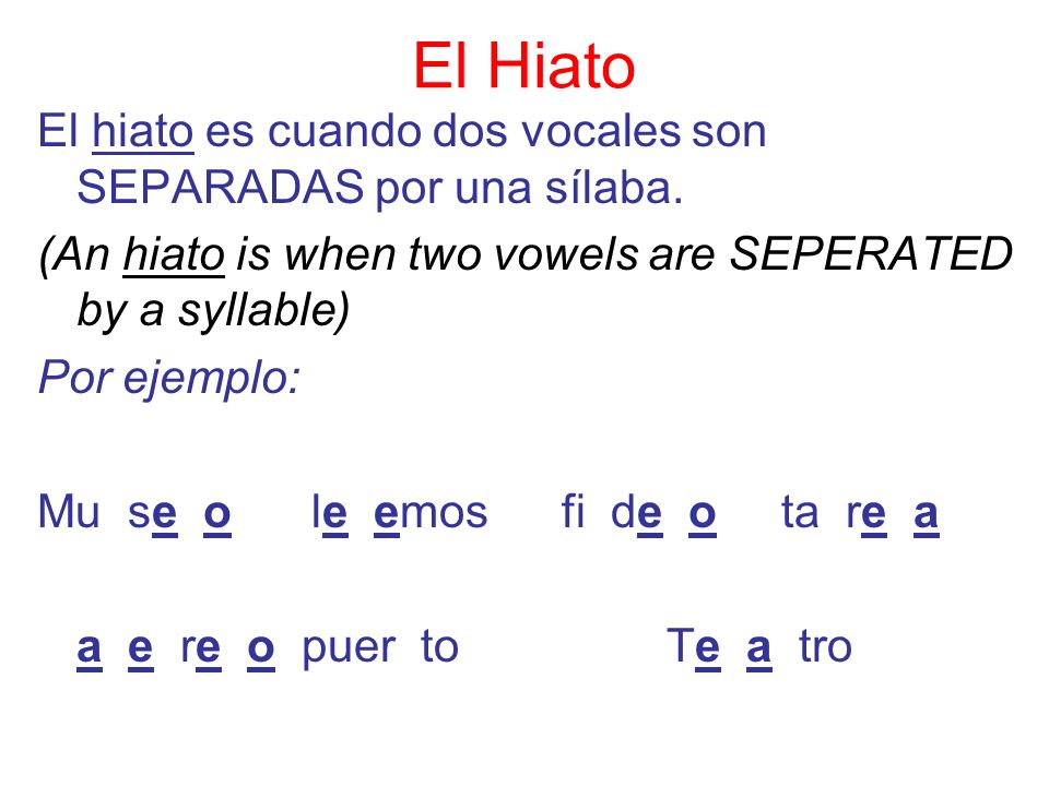 El Hiato El hiato es cuando dos vocales son SEPARADAS por una sílaba.