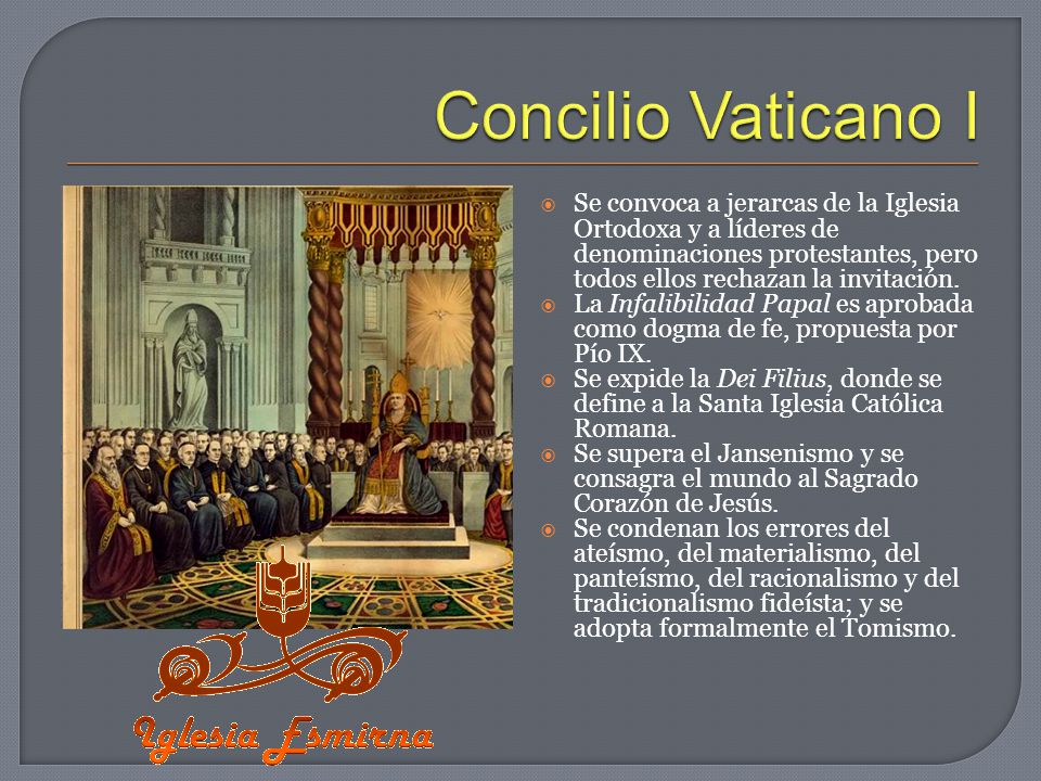 Concilio Vaticano I Se convoca a jerarcas de la Iglesia Ortodoxa y a líderes de denominaciones protestantes, pero todos ellos rechazan la invitación.
