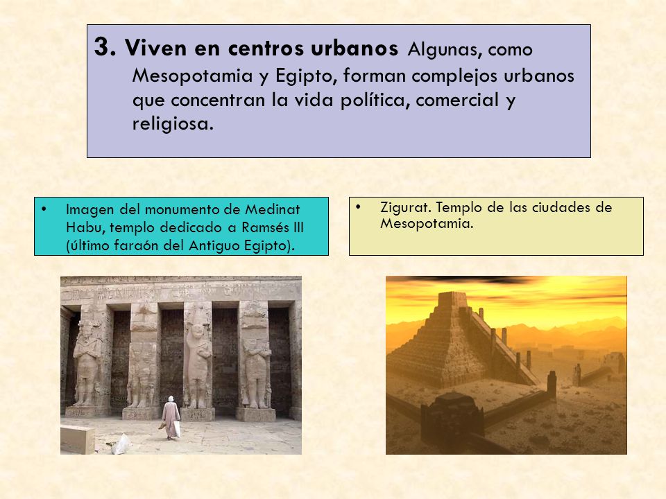 3. Viven en centros urbanos Algunas, como Mesopotamia y Egipto, forman complejos urbanos que concentran la vida política, comercial y religiosa.