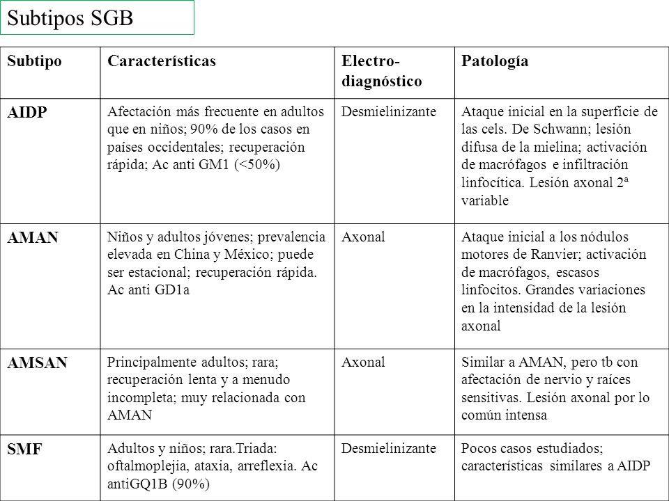 Subtipos SGB Subtipo Características Electro- diagnóstico Patología