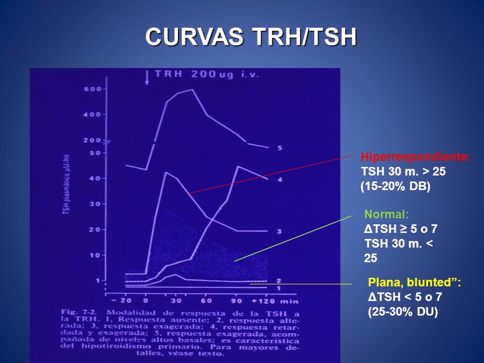 CURVAS TRH/TSH Hiperrespondiente: TSH 30 m. > 25 (15-20% DB)