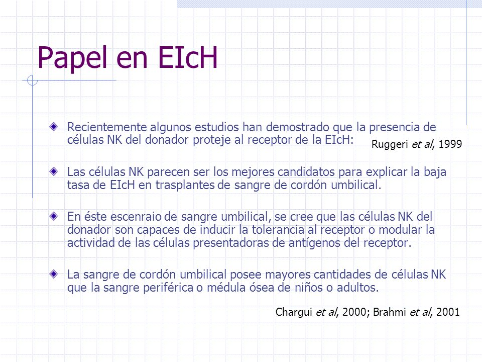 Papel en EIcH Recientemente algunos estudios han demostrado que la presencia de células NK del donador proteje al receptor de la EIcH: