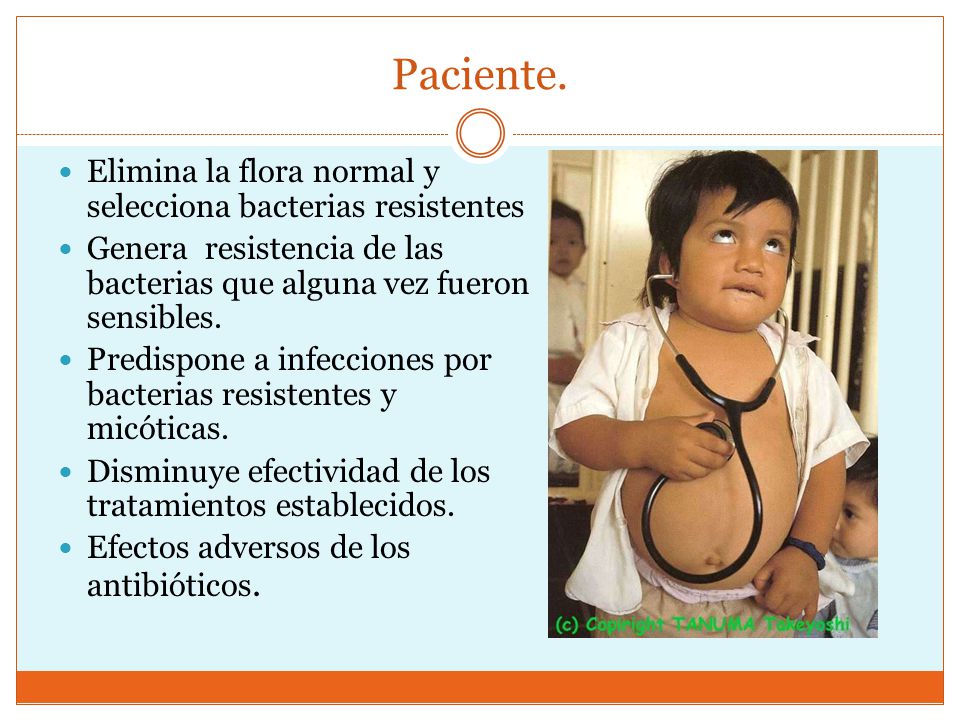 Paciente. Elimina la flora normal y selecciona bacterias resistentes