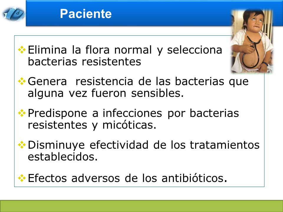 Paciente Elimina la flora normal y selecciona bacterias resistentes