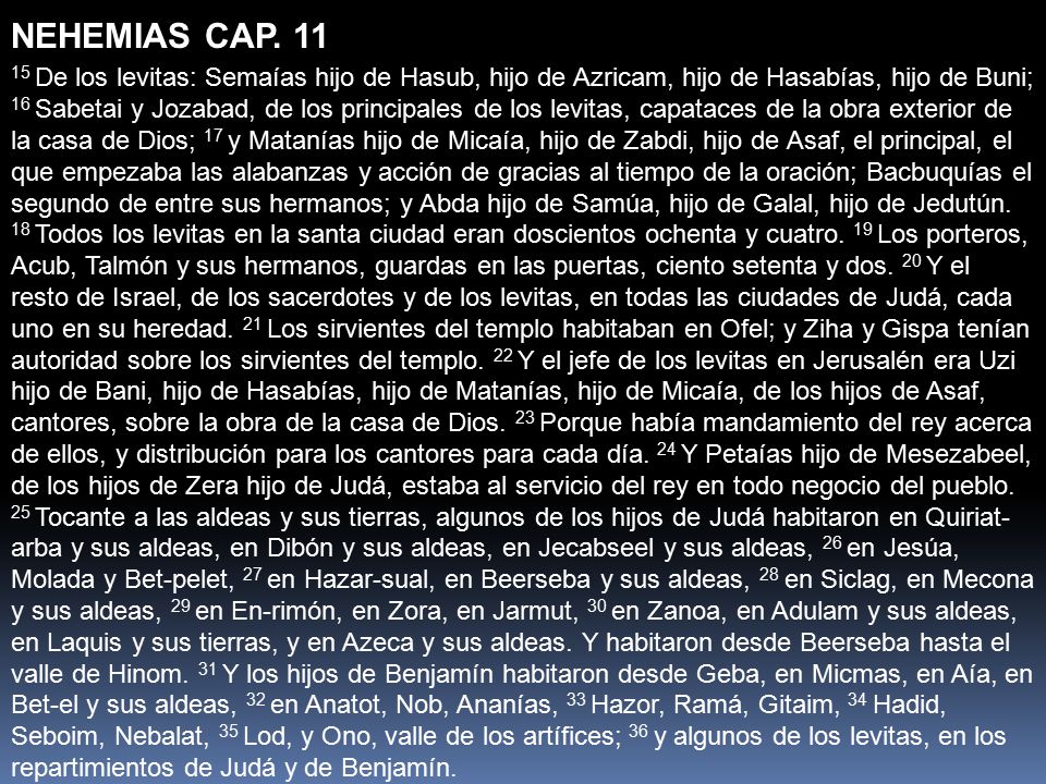 NEHEMIAS CAP De los levitas: Semaías hijo de Hasub, hijo de Azricam, hijo de Hasabías, hijo de Buni;