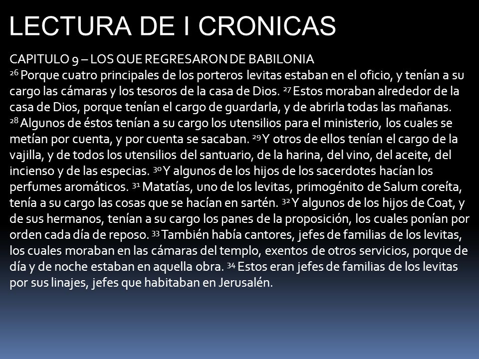 LECTURA DE I CRONICAS CAPITULO 9 – LOS QUE REGRESARON DE BABILONIA