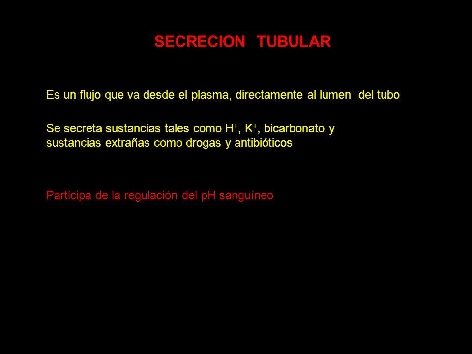 SECRECION TUBULAR Es un flujo que va desde el plasma, directamente al lumen del tubo. Se secreta sustancias tales como H+, K+, bicarbonato y.