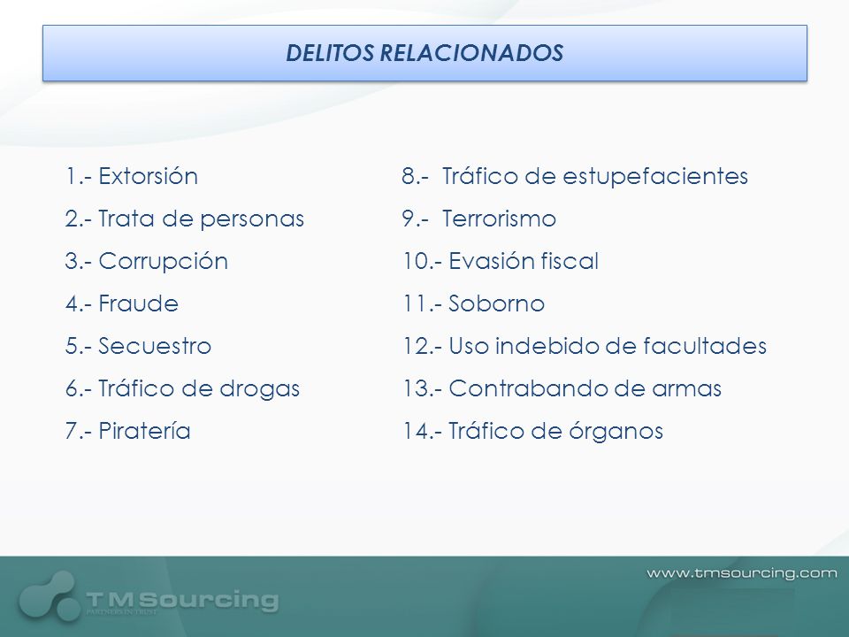 DELITOS RELACIONADOS 1.- Extorsión. 2.- Trata de personas. 3.- Corrupción. 4.- Fraude. 5.- Secuestro.