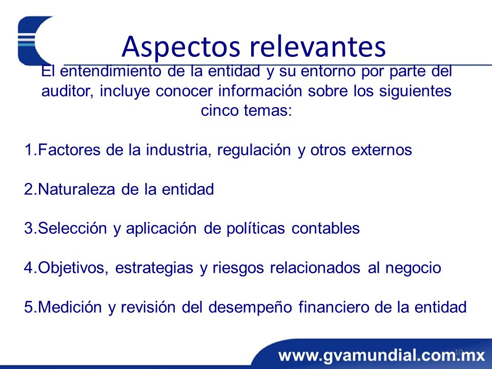 Aspectos relevantes El entendimiento de la entidad y su entorno por parte del auditor, incluye conocer información sobre los siguientes cinco temas: