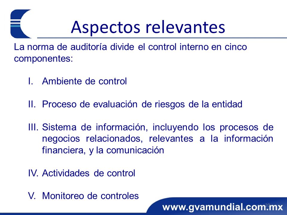Aspectos relevantes La norma de auditoría divide el control interno en cinco componentes: I. Ambiente de control.