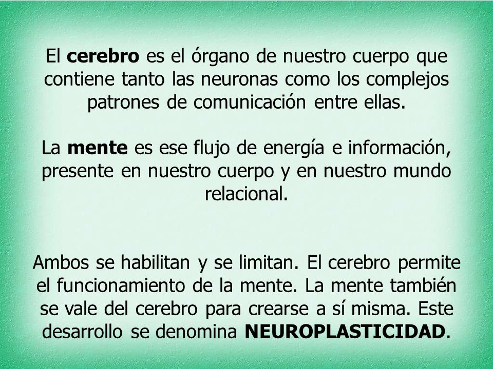 El cerebro es el órgano de nuestro cuerpo que contiene tanto las neuronas como los complejos patrones de comunicación entre ellas. La mente es ese flujo de energía e información, presente en nuestro cuerpo y en nuestro mundo relacional. Ambos se habilitan y se limitan. El cerebro permite el funcionamiento de la mente. La mente también se vale del cerebro para crearse a sí misma. Este desarrollo se denomina NEUROPLASTICIDAD.