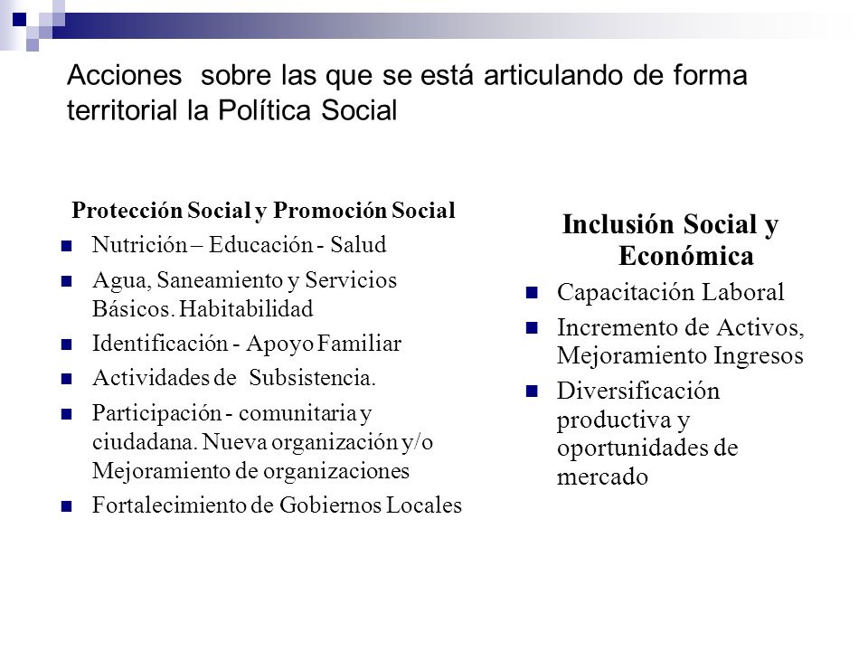 Protección Social y Promoción Social Inclusión Social y Económica