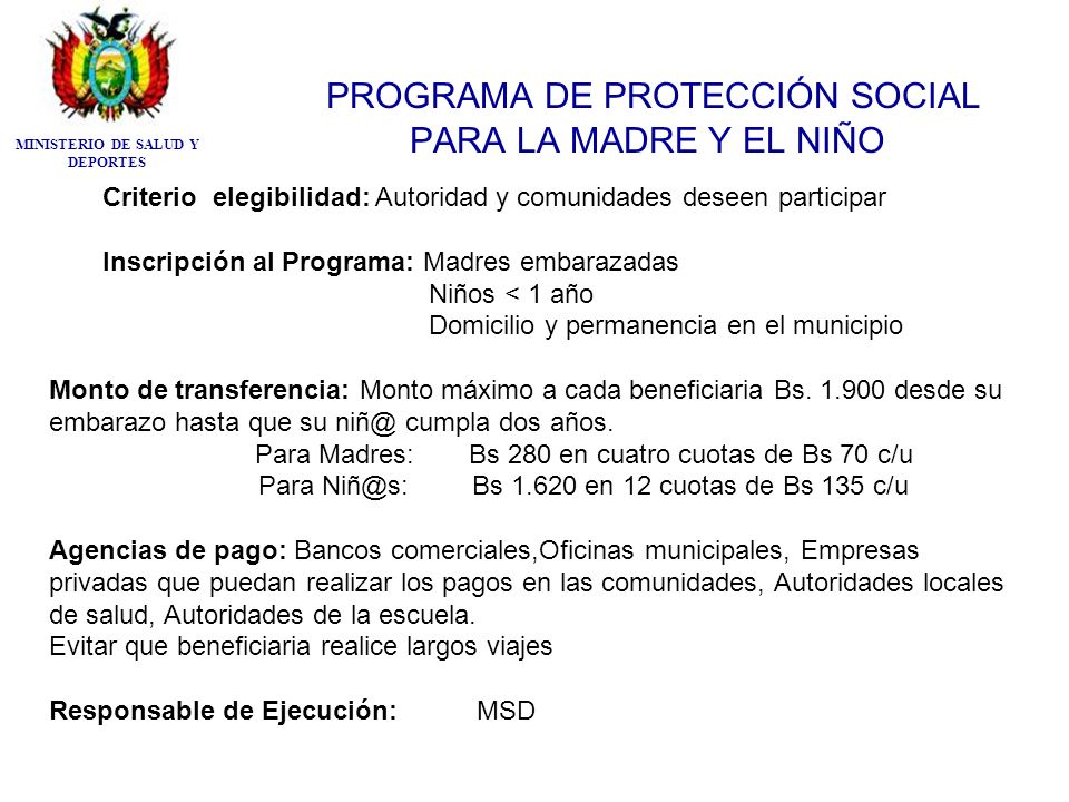 PROGRAMA DE PROTECCIÓN SOCIAL PARA LA MADRE Y EL NIÑO