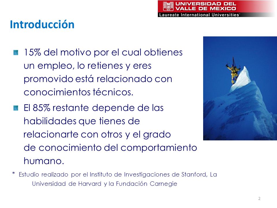 Introducción 15% del motivo por el cual obtienes un empleo, lo retienes y eres promovido está relacionado con conocimientos técnicos.