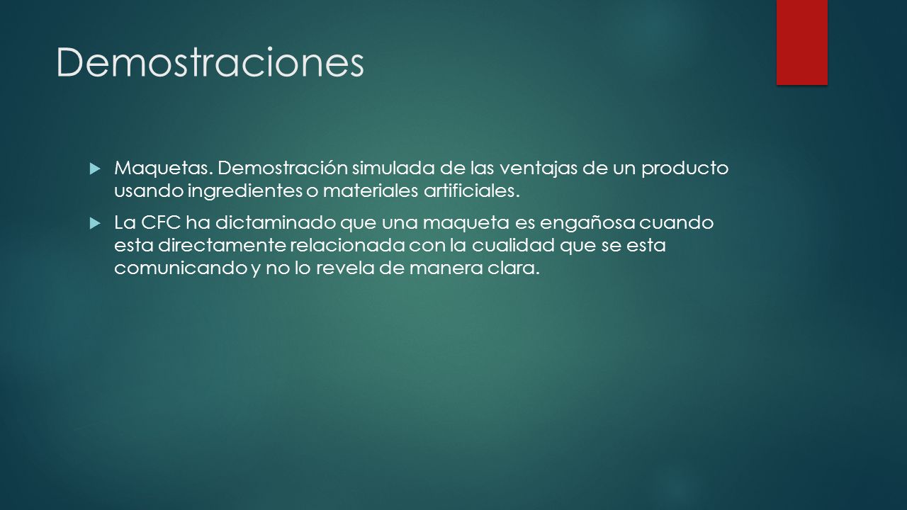 Demostraciones Maquetas. Demostración simulada de las ventajas de un producto usando ingredientes o materiales artificiales.