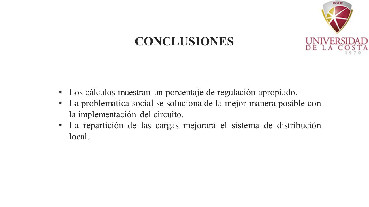 CONCLUSIONES Los cálculos muestran un porcentaje de regulación apropiado.