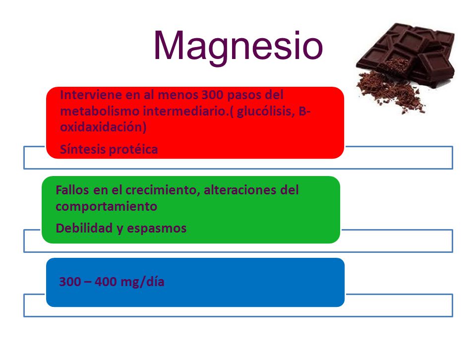 Magnesio Interviene en al menos 300 pasos del metabolismo intermediario.( glucólisis, B- oxidaxidación)