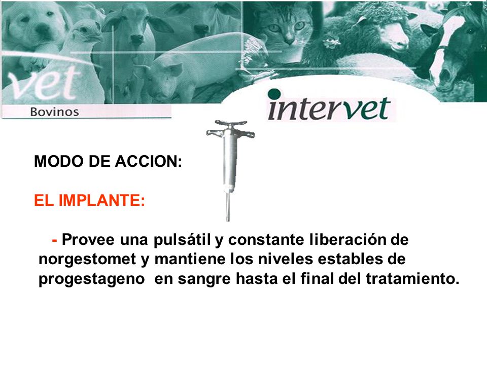 MODO DE ACCION: EL IMPLANTE: - Provee una pulsátil y constante liberación de. norgestomet y mantiene los niveles estables de.