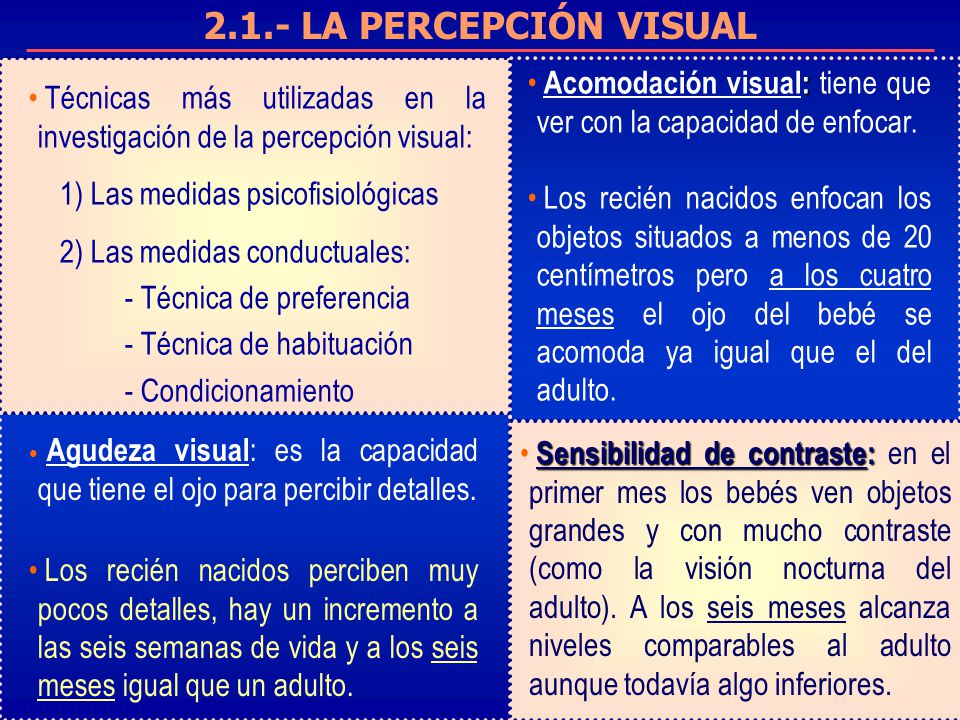 2.1.- LA PERCEPCIÓN VISUAL Acomodación visual: tiene que ver con la capacidad de enfocar.