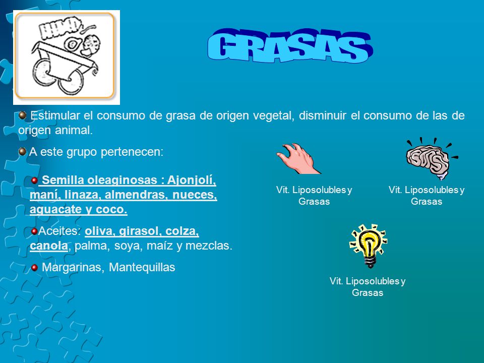 GRASAS Estimular el consumo de grasa de origen vegetal, disminuir el consumo de las de origen animal.