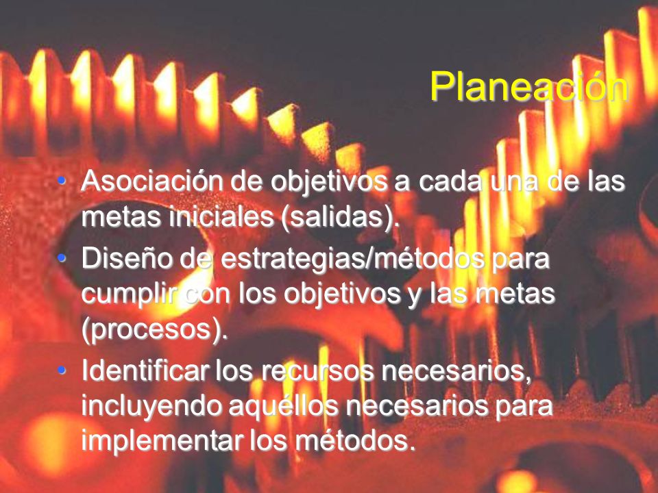 Planeación Asociación de objetivos a cada una de las metas iniciales (salidas).