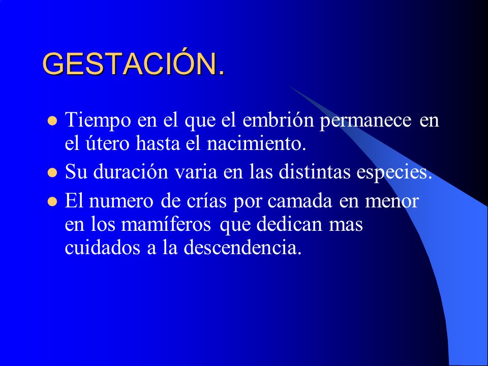 GESTACIÓN. Tiempo en el que el embrión permanece en el útero hasta el nacimiento. Su duración varia en las distintas especies.