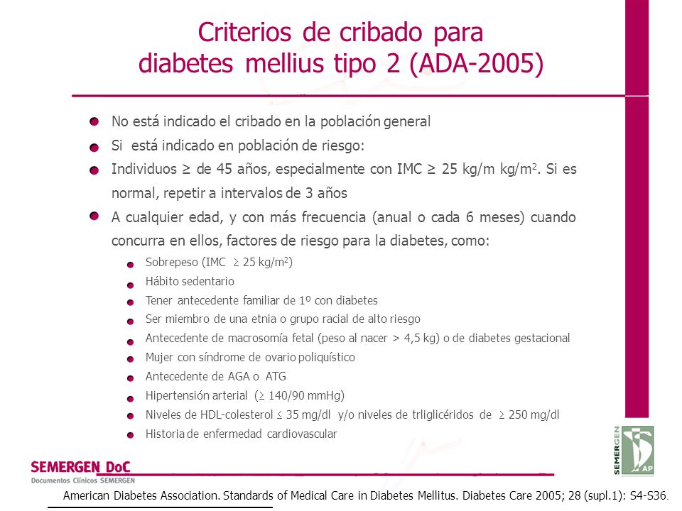 Criterios de cribado para diabetes mellius tipo 2 (ADA-2005)