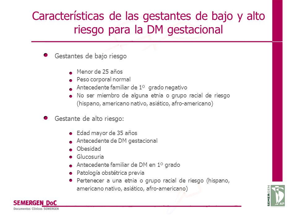 Características de las gestantes de bajo y alto riesgo para la DM gestacional