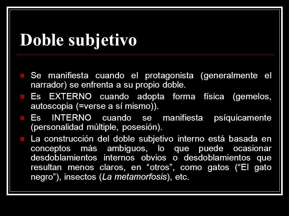 Doble subjetivo Se manifiesta cuando el protagonista (generalmente el narrador) se enfrenta a su propio doble.