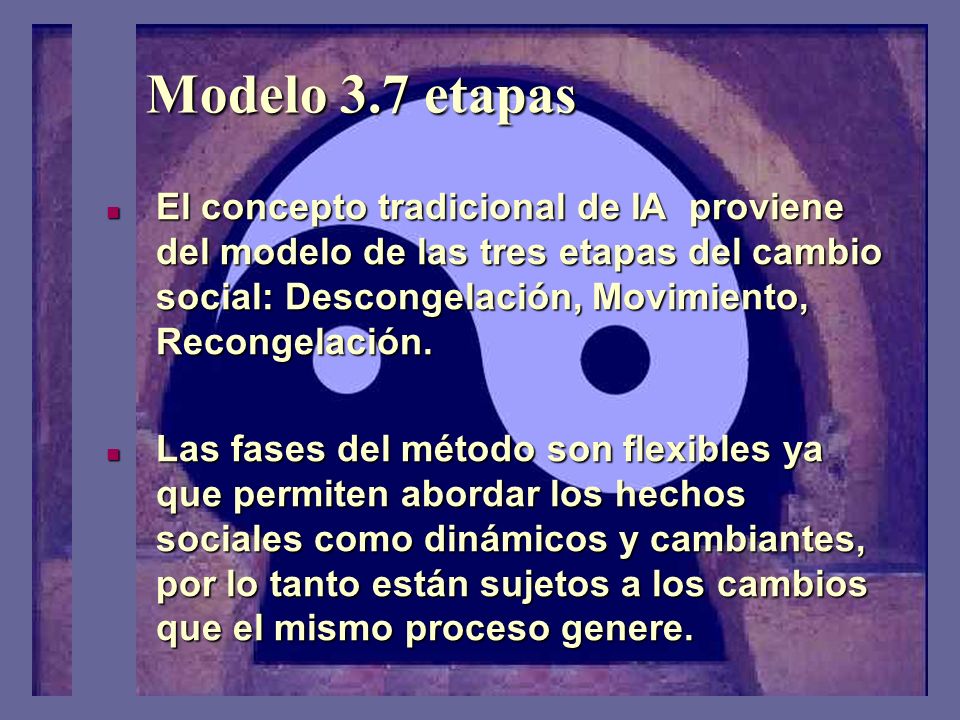Modelo 3.7 etapas El concepto tradicional de IA proviene del modelo de las tres etapas del cambio social: Descongelación, Movimiento, Recongelación.