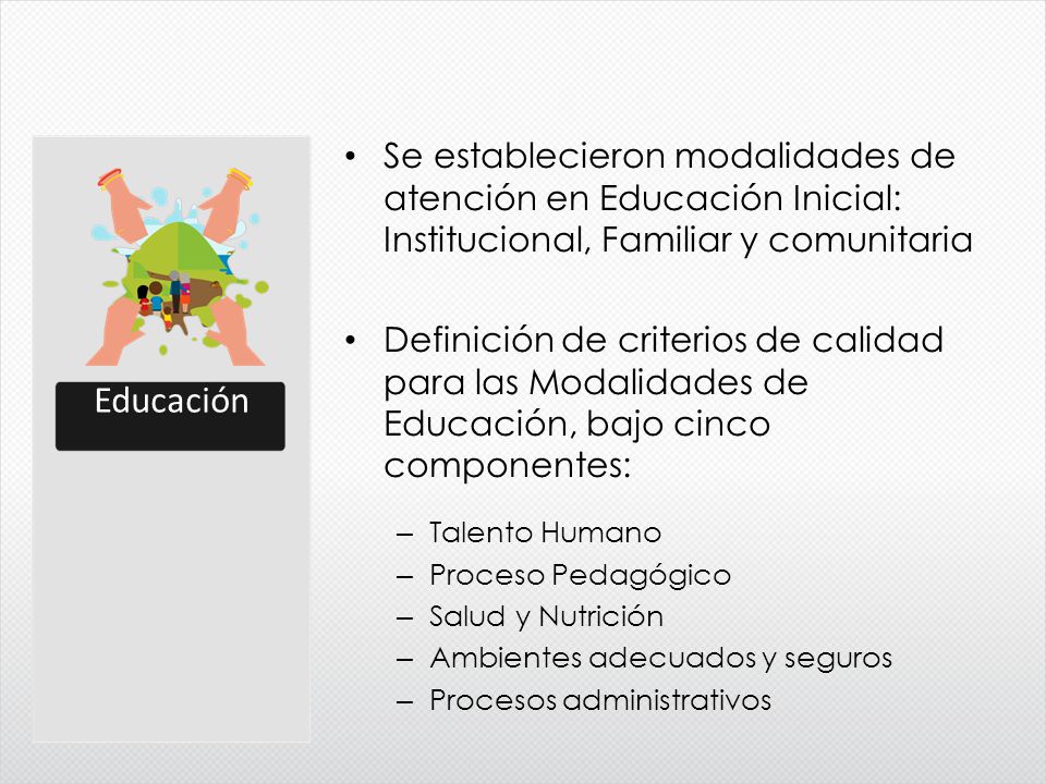 Educación Se establecieron modalidades de atención en Educación Inicial: Institucional, Familiar y comunitaria.