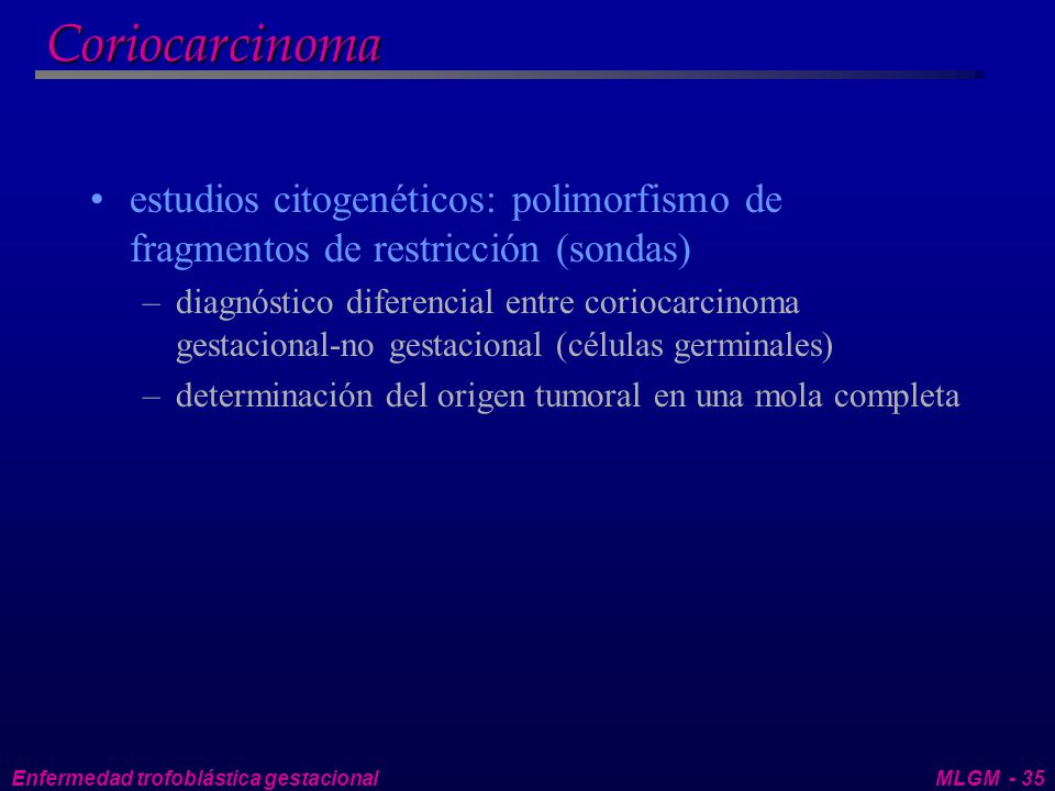 Coriocarcinoma estudios citogenéticos: polimorfismo de fragmentos de restricción (sondas)