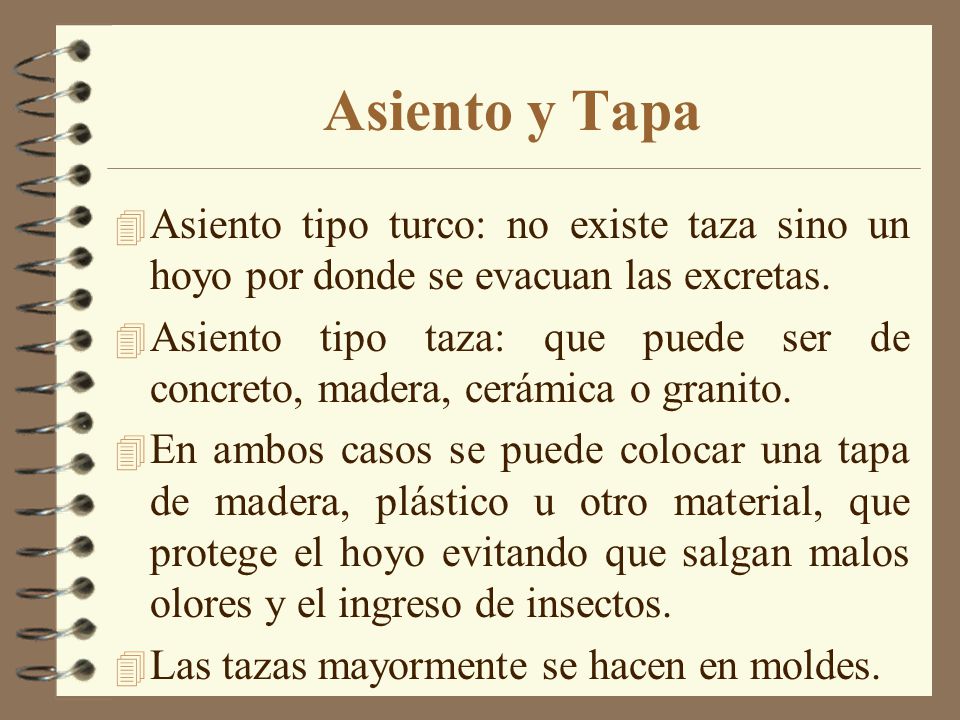 Asiento y Tapa Asiento tipo turco: no existe taza sino un hoyo por donde se evacuan las excretas.