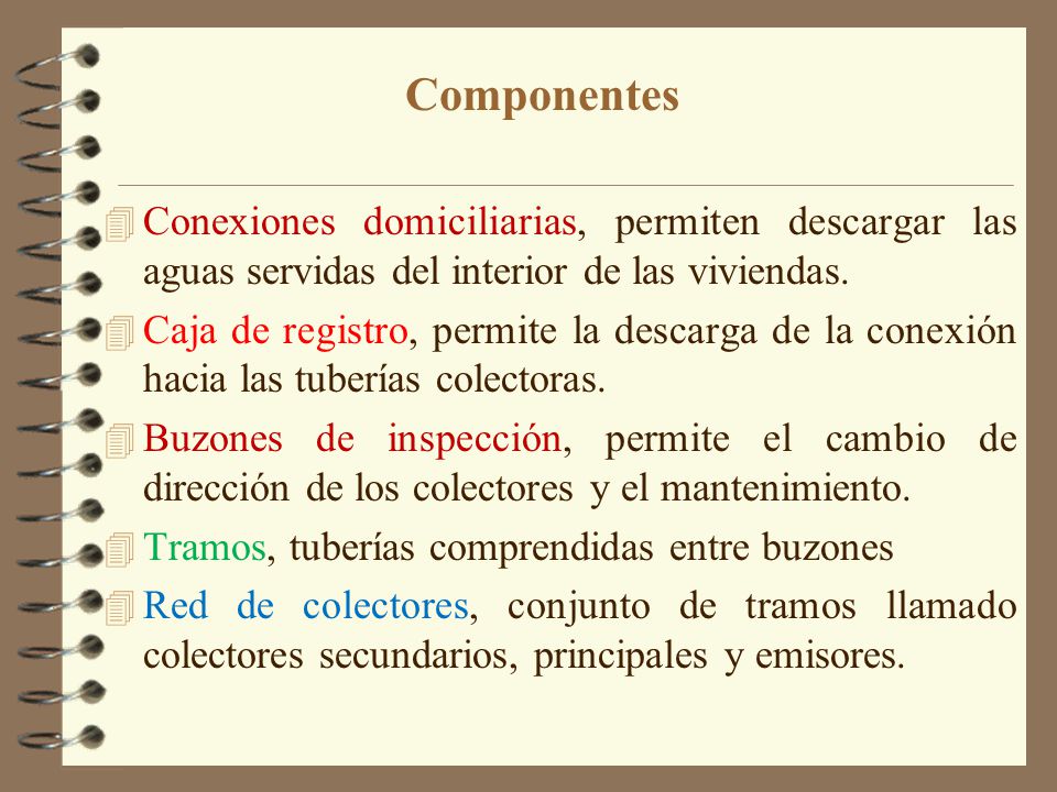 Componentes Conexiones domiciliarias, permiten descargar las aguas servidas del interior de las viviendas.