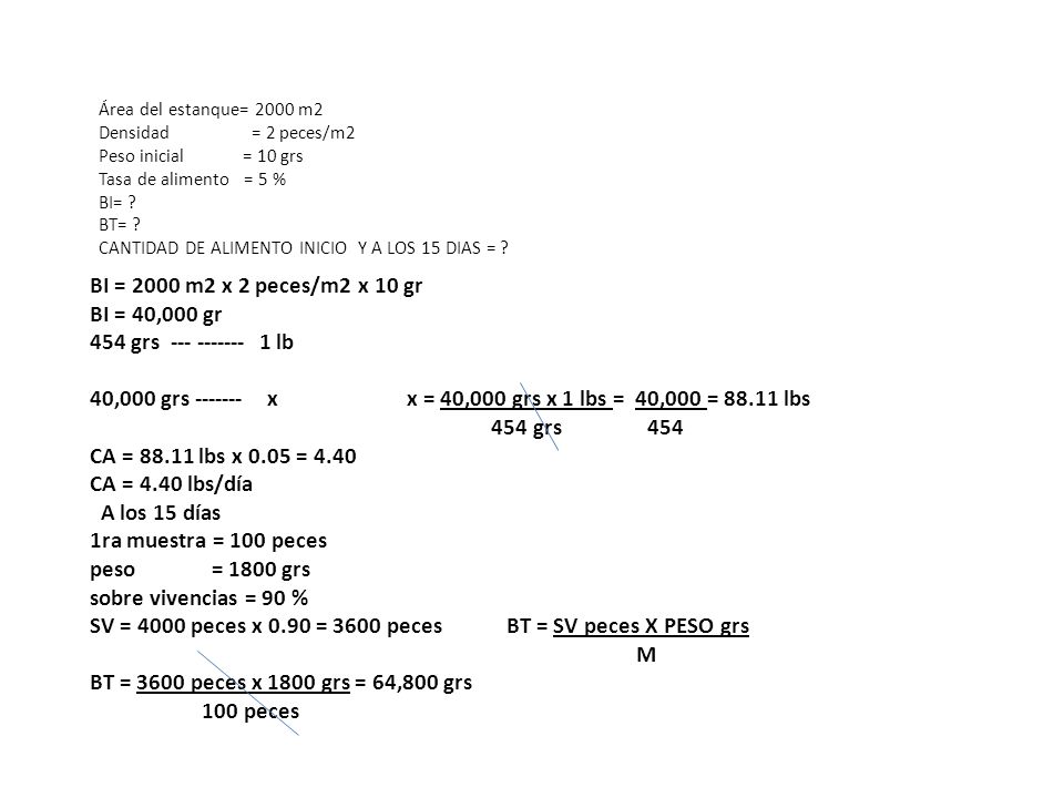 Área del estanque= 2000 m2 Densidad = 2 peces/m2. Peso inicial = 10 grs.