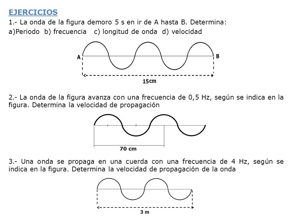 EJERCICIOS 1.- La onda de la figura demoro 5 s en ir de A hasta B. Determina: a)Periodo b) frecuencia c) longitud de onda d) velocidad.