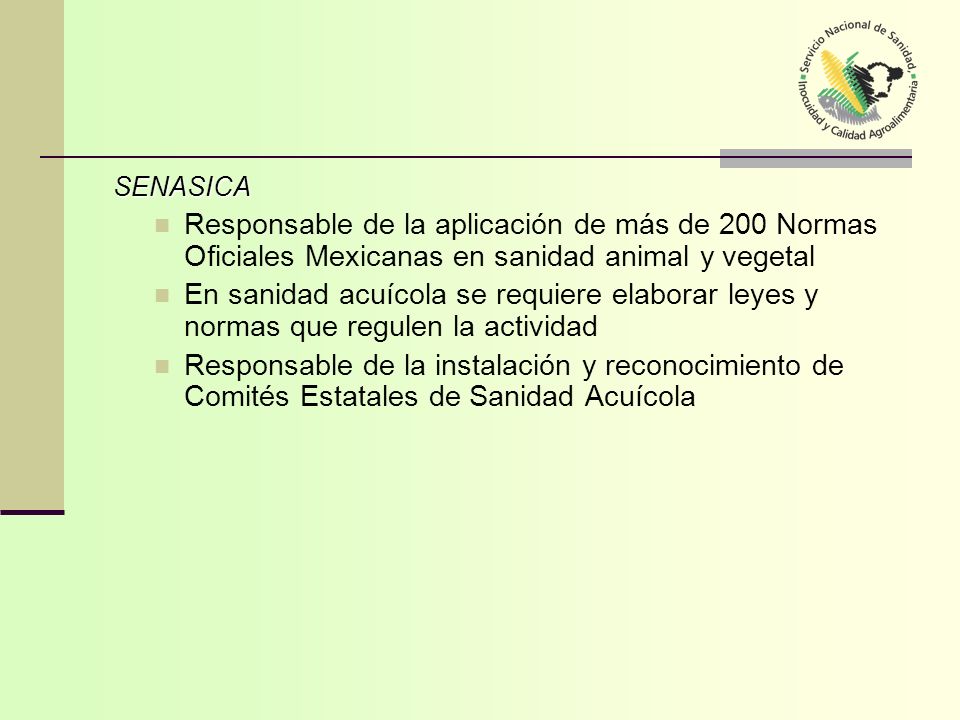 SENASICA Responsable de la aplicación de más de 200 Normas Oficiales Mexicanas en sanidad animal y vegetal.