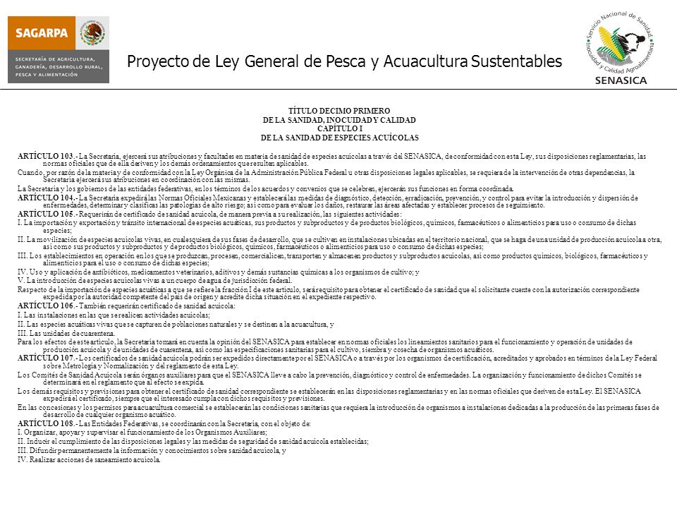 DE LA SANIDAD, INOCUIDAD Y CALIDAD DE LA SANIDAD DE ESPECIES ACUÍCOLAS