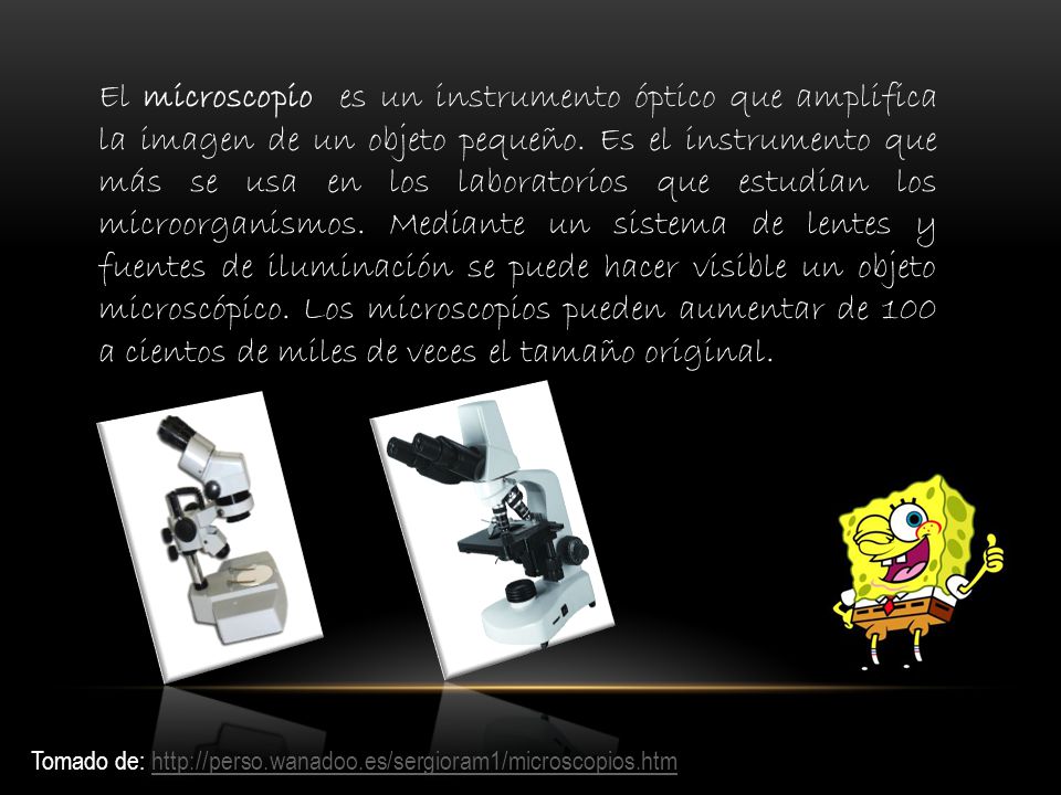 El microscopio es un instrumento óptico que amplifica la imagen de un objeto pequeño. Es el instrumento que más se usa en los laboratorios que estudian los microorganismos. Mediante un sistema de lentes y fuentes de iluminación se puede hacer visible un objeto microscópico. Los microscopios pueden aumentar de 100 a cientos de miles de veces el tamaño original.