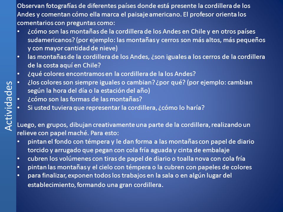 Observan fotografías de diferentes países donde está presente la cordillera de los Andes y comentan cómo ella marca el paisaje americano. El profesor orienta los comentarios con preguntas como: