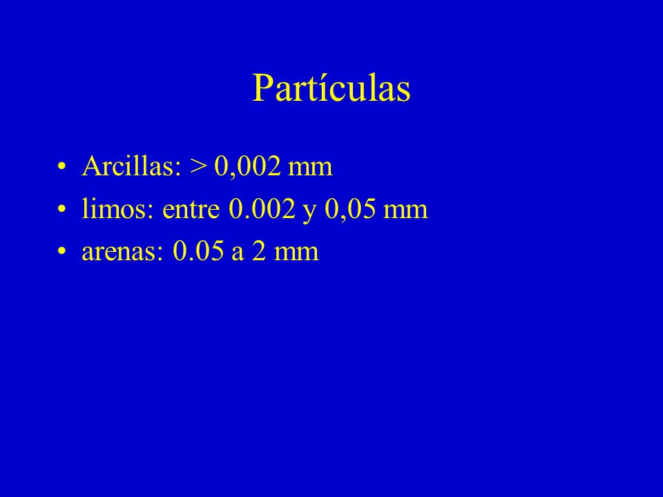 Partículas Arcillas: > 0,002 mm limos: entre y 0,05 mm