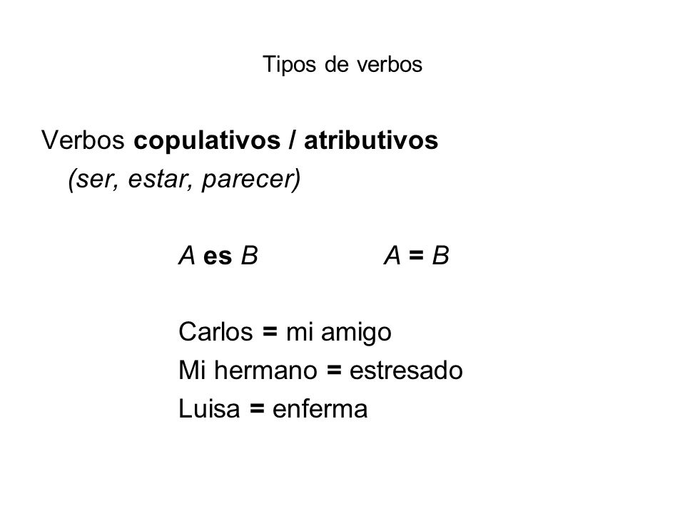 Verbos copulativos / atributivos (ser, estar, parecer) A es B A = B